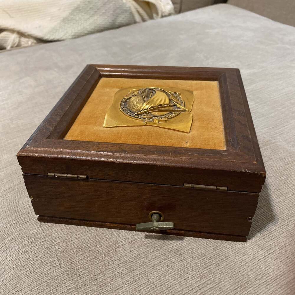 Vintage Wooden Trinket Box with Clipper Ship Brass Inlay